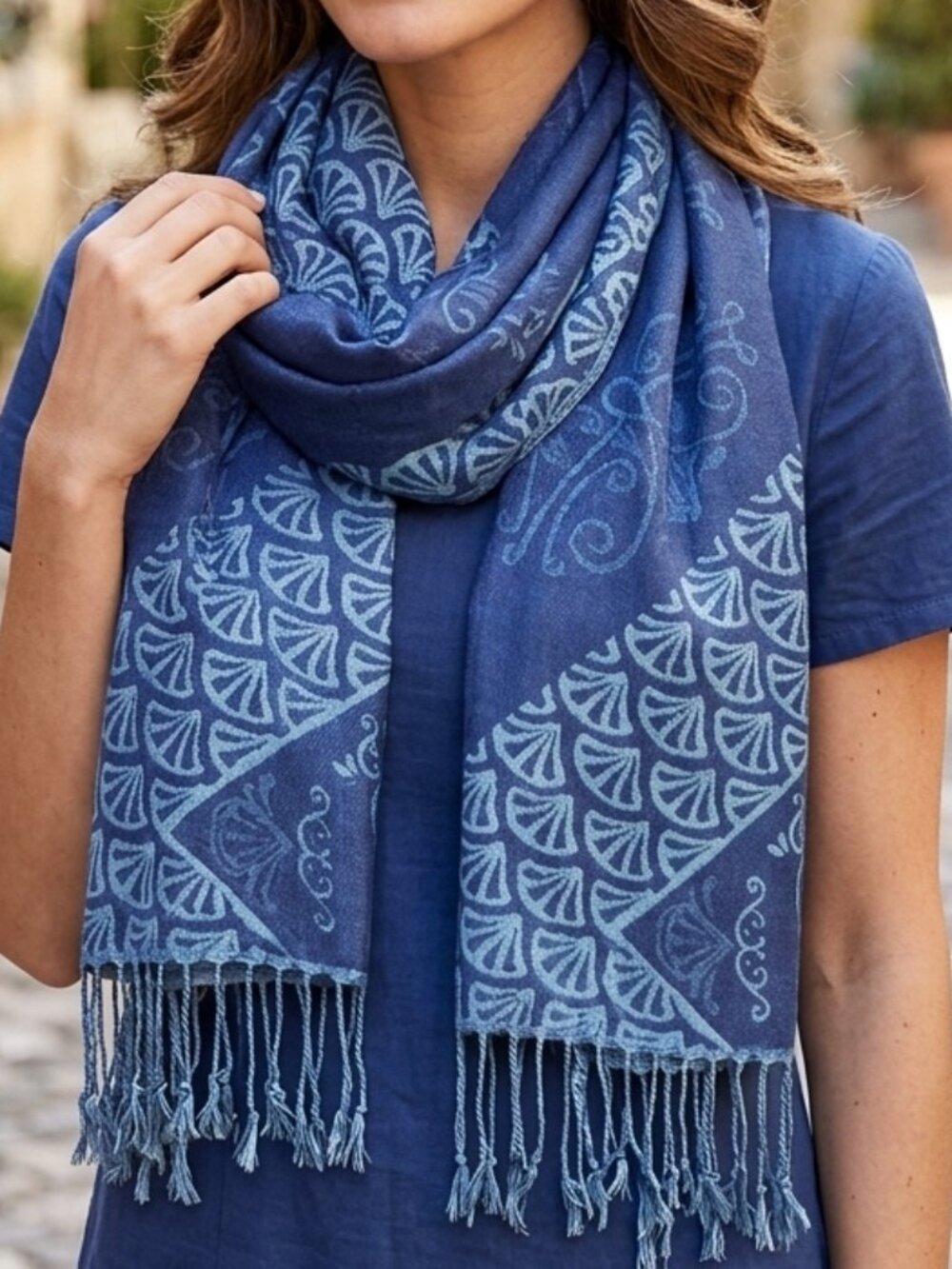 Reversible Navy Blue Fan Medallion Jacquard Pashmena Scarf Wrap Fringe